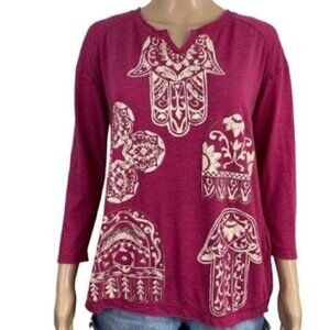 LUCKY Lotus Hamsa magenta distressed 3/4 sleeve  shirt size medium v-neck